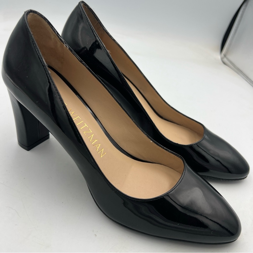 Stuart Weitzman Vida 75 Pump Patent Leather Black Women’s Size 8.5 Block Heel